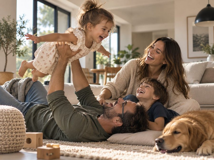 Pai brincando com a filha no chão da sala, com a mãe e o irmão por perto